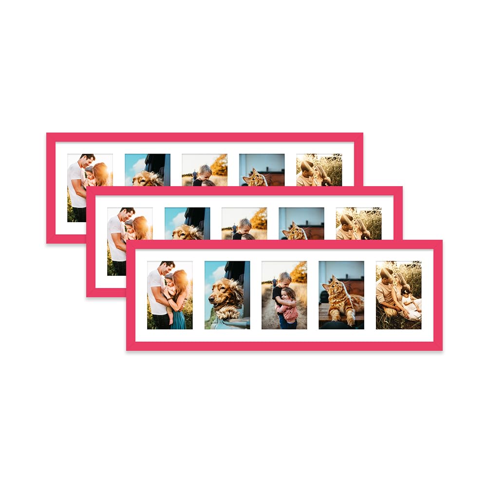 Bright Pink Multi Photo Frame - Holds 5 x 6x4 Pictures, Family Collage Picture Frame for Wall Display, 8x26 Panoramic Frame Size, Set of 3