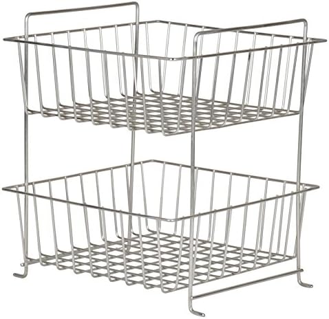 Steel 2 Tier Basket Stand for Storing and Organizing Vegetables, Fruits and More (30x30x36 cm, Silver)