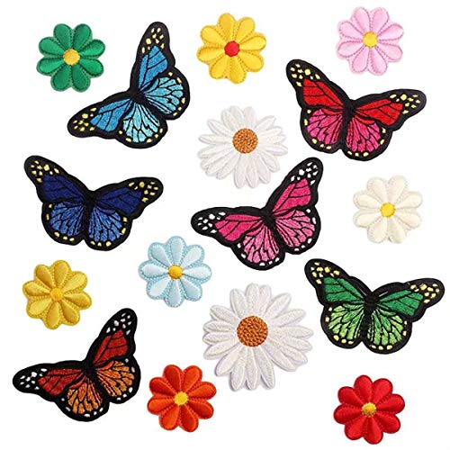 Patches Embroidery Applique Patches 16Pieces Flowers Butterfly Iron on Patches for Clothing Jackets Delicate Stickers ,Sunflower Embroidery ,Daisy Flower Patches,Butterfly Iron On Patches