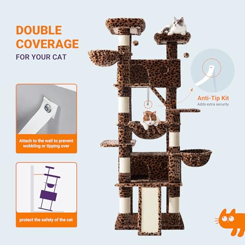 Image of Allewie 81 Inches Tall Cat Tree /Multi-Level Large Climbing Tree House and Towers for Big Feline /Condo and Hammock /Scratching Post /Wide Base /Leopard Print