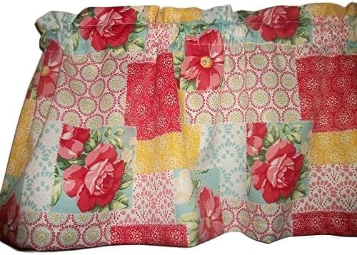 Red Sweet Rose Patchwork Pioneer Woman Flowers Floral Farmhouse Window Treatment Farm Kitchen Fabric Curtain Topper Valance Matches Tablecloth