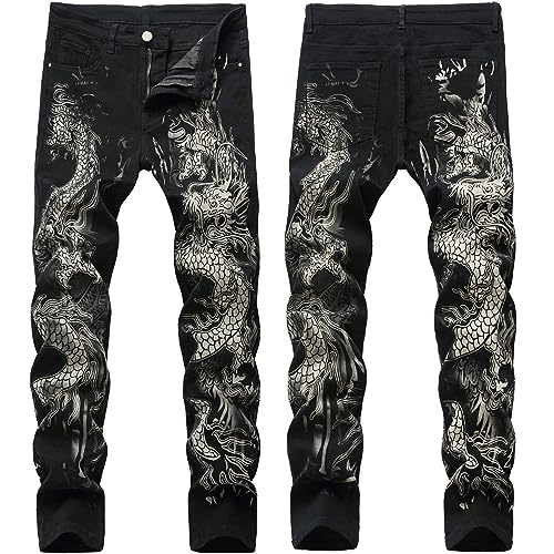 Men's Slim Fit Patchwork Dragon Printed Jeans Hip Hop Streetwear Straight Cargo Denim Pants2