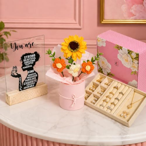 Image of Art Street Rakshabandhan Gift Hamper for Sister with Elegant Crochet Flower Bouquet in Pink Pot, Acrylic Frame with Quote & Velvet Lined Jewelry Box