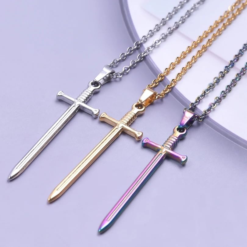 925 Sterling Silver Gothic Collar Sword Necklace For Men, 14K Yellow Gold Vintage Sword Pendant Katana Necklace - Shiny CZ Dagger Necklace For Women, Master Sword Necklace For Halloween Christmas Gifts - Image 6
