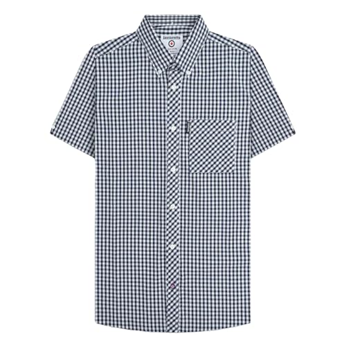 Colletto in piumino con bottone, camicia intelligente per il tempo libero, dettagli manica con inserto a V e bottone, maniche corte, tasca sul petto con linguetta di marca, passante allentato e piega posteriore della cantina, etichetta 