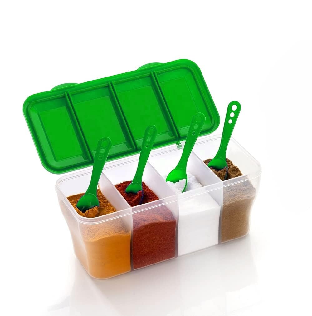 I-TECH Multipurpose Plastic 4 In 1 Masala Box for Kitchen, Transparent Pickel Box, 4 Compartment Storage Container Airtight For Cereal, Dry Fruits Dabba1800 Ml with 4 Spoons(Green)