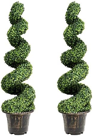 GOPLUS 4 Ft Artificial Boxwood Spiral Topiary Tree, Fake Greenery Plants, Leaves & Cement-Filled Plastic Flower Pot Decorative Trees for Porch Home Office Indoor Outdoor