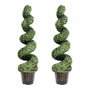 GOPLUS 4 Ft Artificial Boxwood Spiral Topiary Tree, Fake Greenery Plants, Leaves & Cement-Filled Plastic Flower Pot Decorative Trees for Porch Home Office Indoor Outdoor