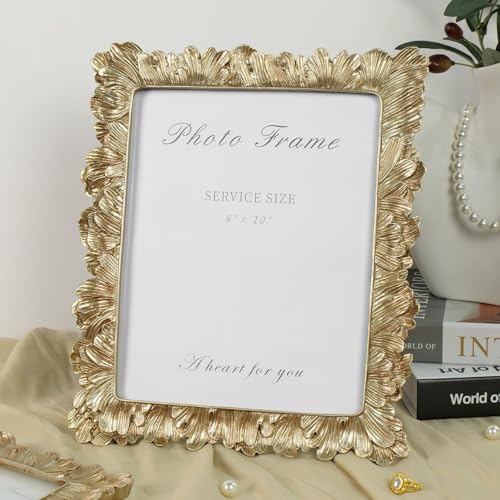 8x10 Picture Frame Vintage Gold Frames, Elegant Photo Frame with Glass Front, Palm Leaves Textured Hand-Crafted Resin Frame for Wall and Tabletop Display Home Decor