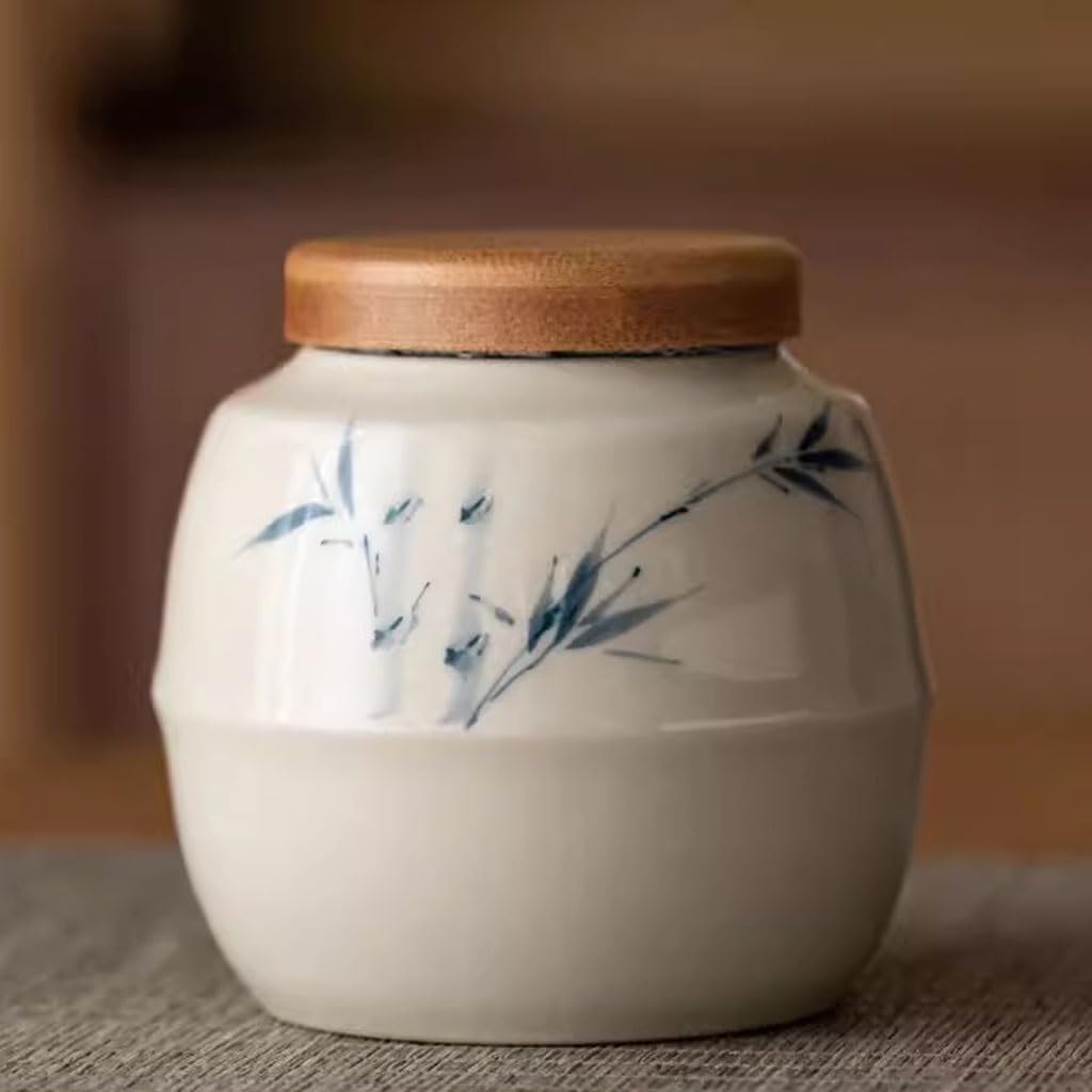 Caja de té pequeña olla de té azul y blanco pintada a mano con esmalte de almacenamiento estilo chino caja de té(A)