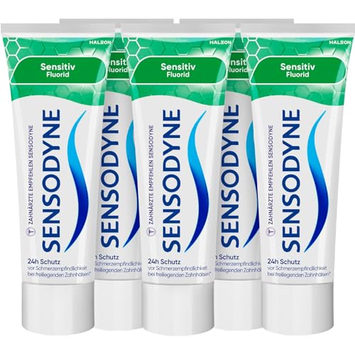 Zahnpasta - Sensodyne Sensitiv Fluorid tägliche Zahncreme zum Schutz vor Karies bei schmerzempfindlichen Zähnen 5X75ml