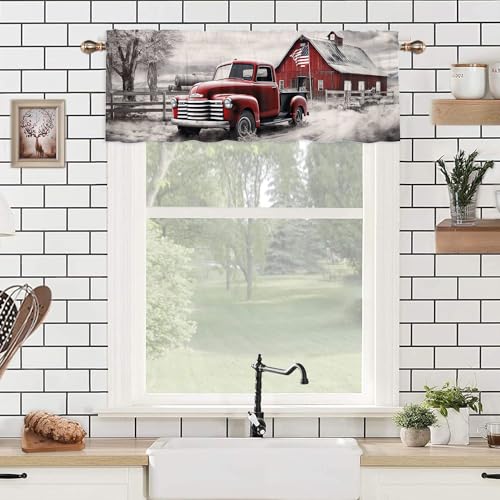 Zyqengimga Antique Truck Curtain Valances Window Treatments Vintage Wooden Red Barn American Old Car Rustic Farmhouse Rod Pocket Window Valance For Living Room Bathroom Bedroom Kitchen 54 X 18 Inch thumb #3