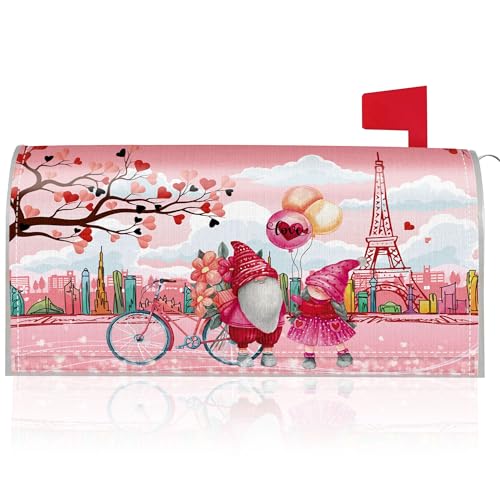 Mailbox Covers Magnetic Standard Size, Valentines Day Mailbox Wraps with Paris Landmark Gnome Bicycle Hearts Love Balloon Design, Holiday Outdoor Garden Yard Decor