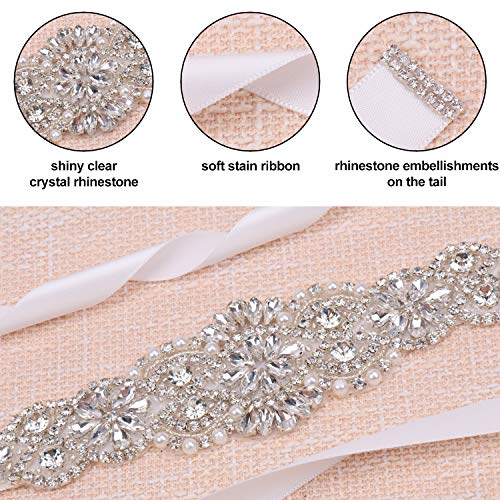 Tendaisy Women's Bridal Belt Rhinestone Wedding Sash Belts With Crystal Beads Pearls For Dresses And Gowns(Silver-White) #TOP2