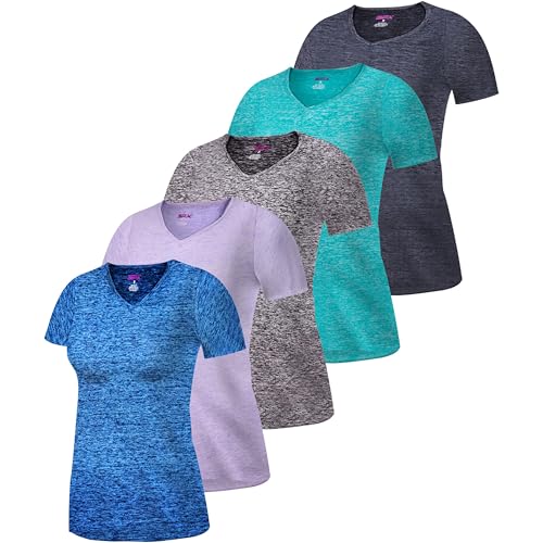 [5 Pack] Women’s Dry-Fit Wicking V-Neck T Shirts Activewear Runni...