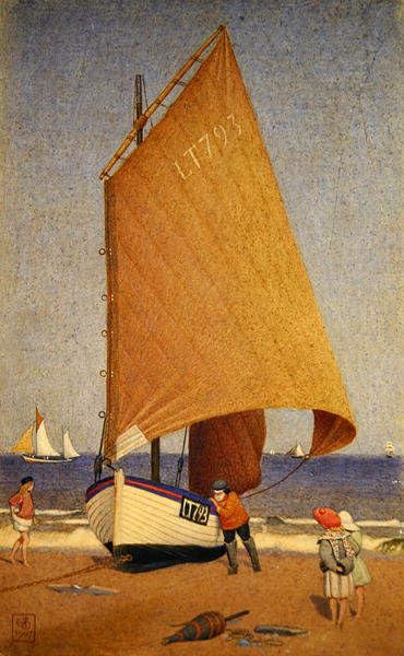 Peinture d'art de luxe des Pêcheurs remontant le bateau Southwold sur toile