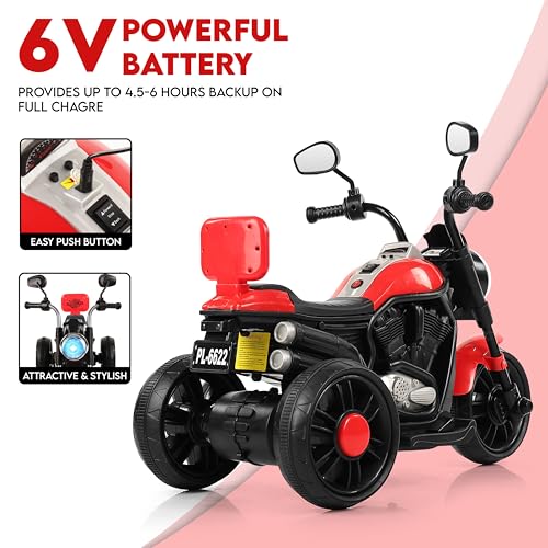 Image of BabyGo Electric Bike for Kids | 6V 4AH Battery, Dual Suspension with LED Lights & Comfy Backrest | 3 Wheel Bike | Battery Bike for Kids for 1-5 Years Kid | 4.5Hr-6Hr Ride | (Red)
