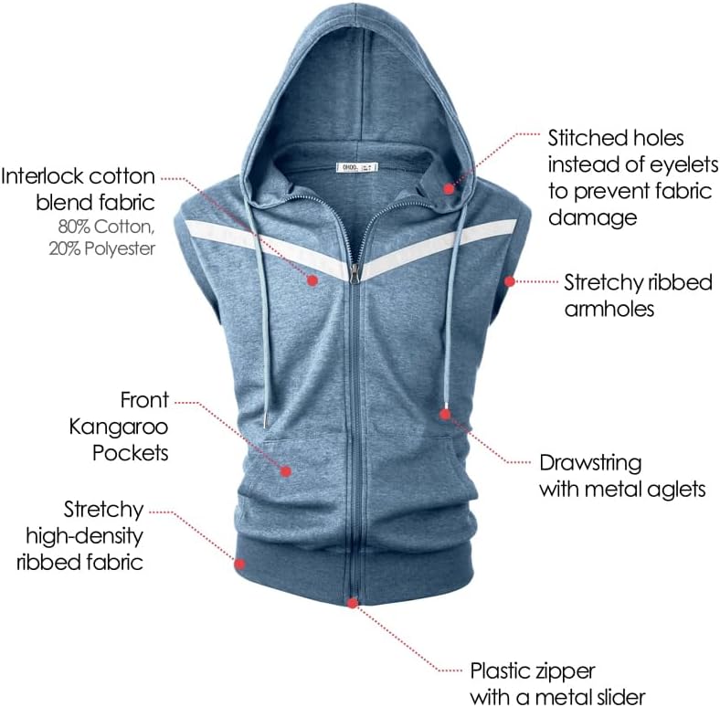 Ohoo Mens Slim Fit Sleeveless Lightweight Zip Up Hooded Sweatshirt Vest Hoodie
