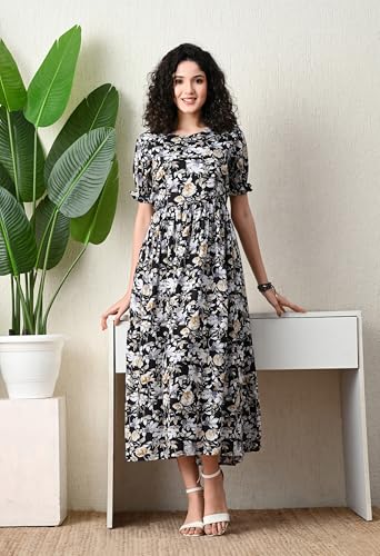 Image of Ichaa Women's Aqua Rayon Printed Maternity Dress with Feeding Zips and Pocket, in Plus Sizes