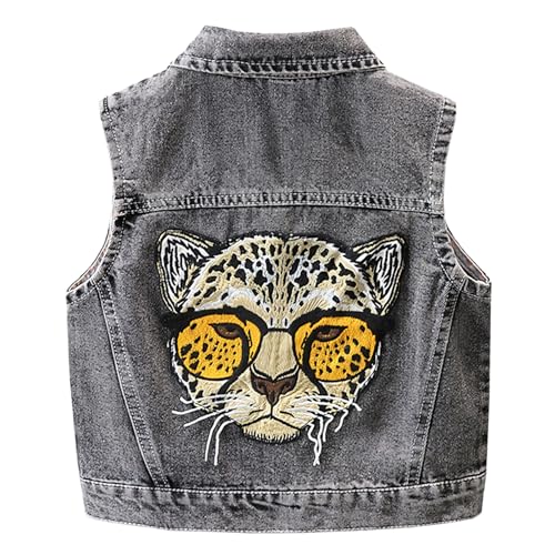 Amur Leopard Kinder Jeansweste Jungen Denim Weste Ärmellos Jeansjacke Baby Mädchen Outdoor Kindermantel für Frühling Herbst, Schwarz, 134-140 (Etikettengröße: 140)