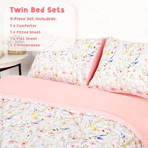 Image of Twin Bedding Sets for Girls, 5 Piece Pink Boho Kids Comforter Set, Soft Microfiber Twin Bed in A Bag Includes Comforter, Flat Sheet, Fitted Sheet, 2 Pillowcase (Wildflower)