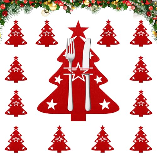 ZoneYan Suportes de talheres de Natal, 12 peças porta-talheres de árvore de Natal, saco para talheres de feltro para faca, garfos e colheres para decoração de mesa natalícia