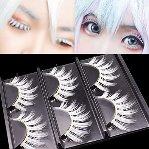 3 Pairs White Lashes Cosplay False Eyelashes, Reusable Natural Wispy Fluffy False Lashes for Halloween Cosplay Masquerade Party Eye Makeup Tools (White 3 Pairs)