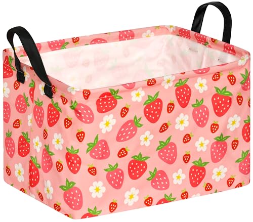 Image of Kid Storage Basket Gift Shelf Basket Toy Storage Bin, Nursery Basket Organizer Box for Children Room Deco With Handles (Strawberry)