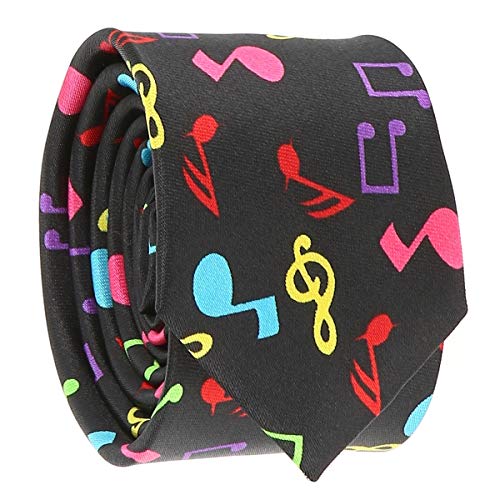 Cravate Notes de Musique Multicolores - Cravate Homme Originale - Motif Fantaisie Fluo sur Fond Noir