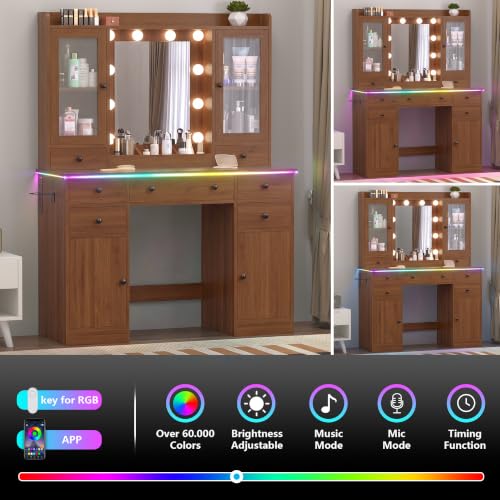 Image of Vanity Desk with Mirror and Lights, 43 inch Makeup Vanity Set with 5 Drawers & Glass Cabinets, Makeup Tray, Power Outlet & Adjustable LED Lights, Dressing Table for Women & Girls Bedroom, Walnut