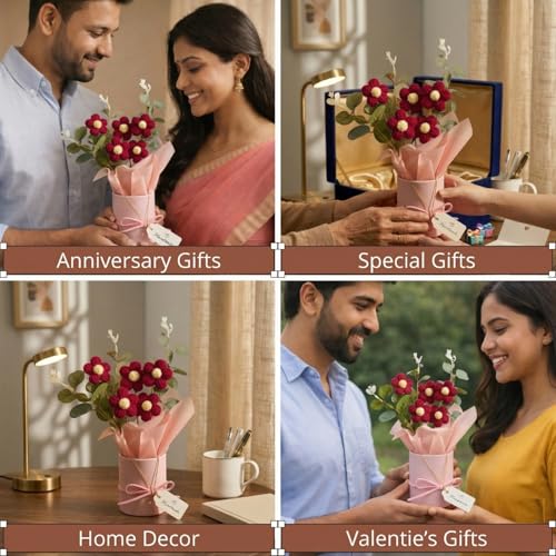 Image of Panchhi Store Handmade Crochet Flower Bouquet in Red Vase, Aesthetic Room Decor for Bedroom, Unique Birthday Gift for Women & Girls, Anniversary Couple, Boho Artificial Table Decoration Items 1 pcs