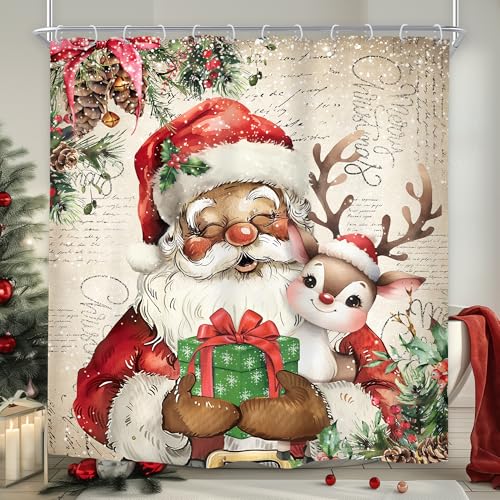 Image of Christmas Santa Claus Merry Xmas Black Bathroom Shower Curtain Set