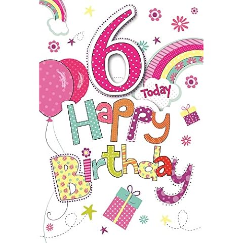 Age 6 Birthday Card - Multicoloured Writing Balloons, Rainbow & Gifts 7.75x5.25" Cover