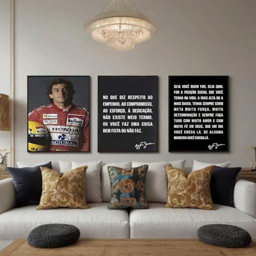 Kit 3 Quadros com Moldura Ayrton Senna Piloto Frase Motivacional 60x40 cm