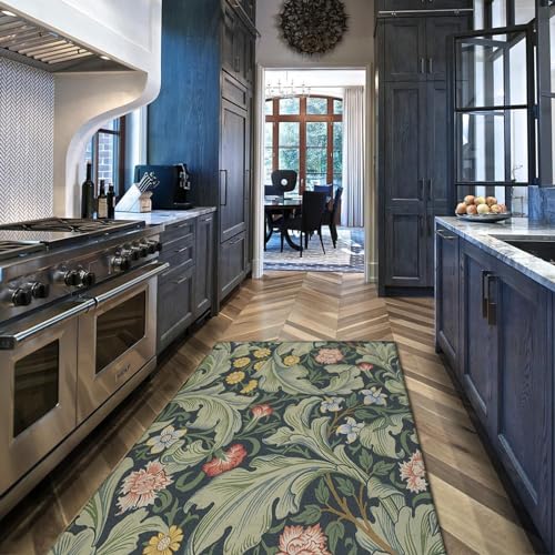 FEIPUHOME Art Mid Century Boho Chic Rugs William Morris Rustic Design Flowers and Leaves Area Rug Washable Non Slip Mat for Living Room Bedside 2' x 3', Green