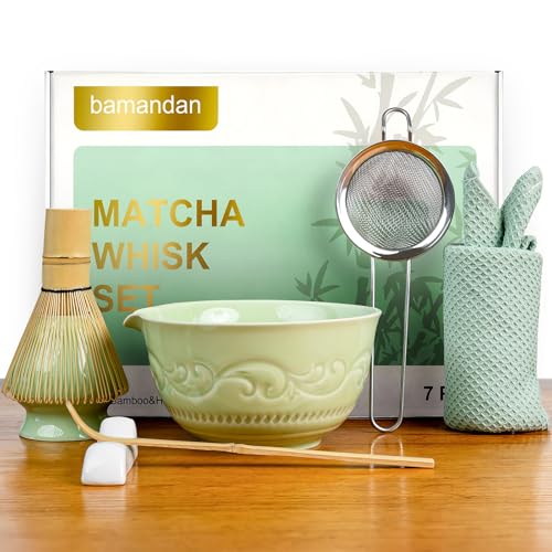 bamandan , Ceramic Matcha Set, 7-Pcs Matcha Kit Matcha Bowl Matcha Whisk and Holder, Bamboo Scoop, Strainer and Tea Towel - Green
