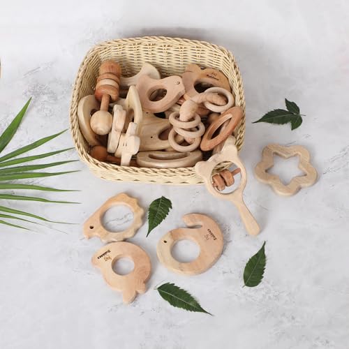 Image of Babbles Neem Wood Teethers for Babies | Wooden Teethers for 6 to 12 Months Baby | Natural and Antibacteria (Star + Moon + Dumbbell + Micky)