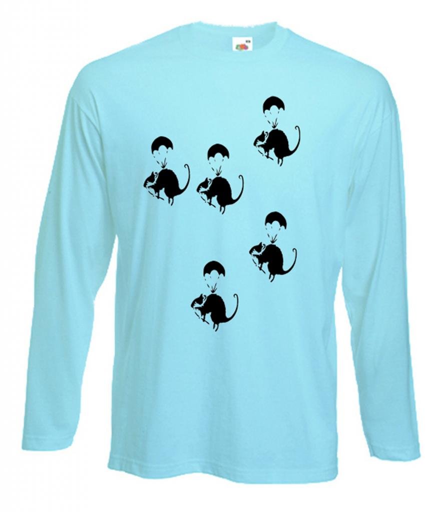 Tribal T-Shirts Mens Banksy Parachute Rat Long Sleeve T-Shirt (Large, Light Blue)