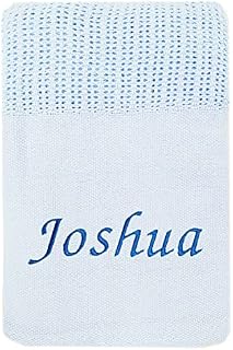 Kids Essentials Baby Girl Boy Personalised Cellular Blanket Embroidered Name Grey Pink Blue (Blue - Cell Blanket)