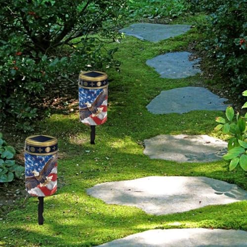 Image of Poceacles Eagle American Flag Pattern Solar Lights Outdoor Waterproof Grave Lights for Cemetery LED Flameless Candle Cemetery Solar Pillar Candles Outdoor Decor