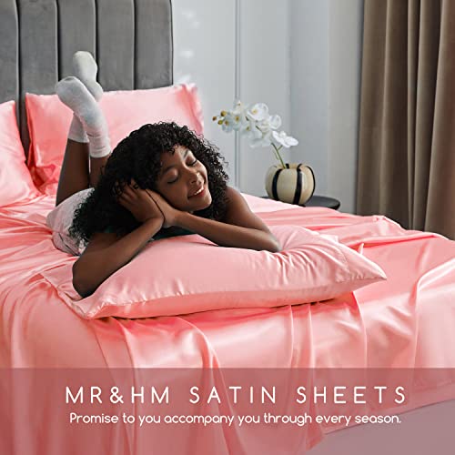 Image of MR&HM Satin Bed Sheets, Queen Size Sheets Set, 4 Pcs Silky Bedding Set with 15 Inches Deep Pocket for Mattress (Queen, Blush)