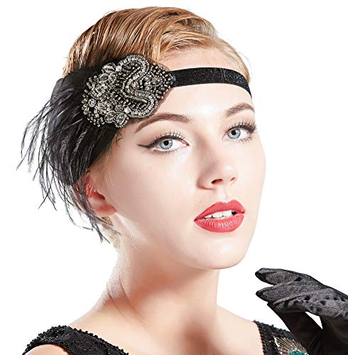 BABEYOND1920s Flapper Headband Art Deco Headpiece Roaring 20s Great Gatsby Feather Headpiece 1920s Flapper Gatsby Hair Accessories (Black)