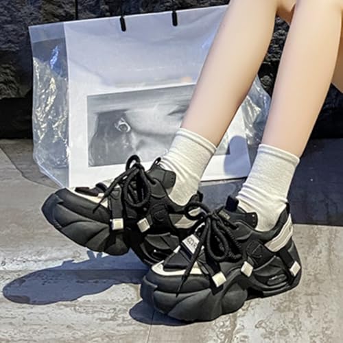 Womens Fashion Leather Lace Up Platform Sneakers Casual Breathable Round Toe Chunky Walking Shoes for Daily Driving Work4
