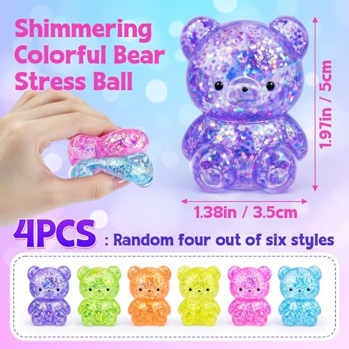 4 Pcs Gummy Bears Squishy, Glitter Bears Stress Ball, Slow Rise Stress Relief Fidget Toys, Soft Mini Bear Squishy Toys for Anxiety Relief, Gummy Bear Party Favors, Goodie Bag Fillers Kids and Adults - Image 3