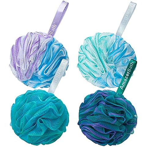 AmazerBath Loofah Sponge 75g/Piece, Exfoliating Bath Sponge Body Scrubber - Loofa Set of 4 Flower Color (Large, Green-Purple) Cover