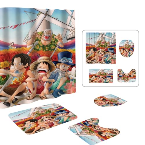DIOSN Cute One Piece Shower Curtain Set 4 Piece with Non-Slip Rugs Toilet Lid Cover and Bath Mat Cartoon Bathroom Decor 72 x 72inch (One Piece)