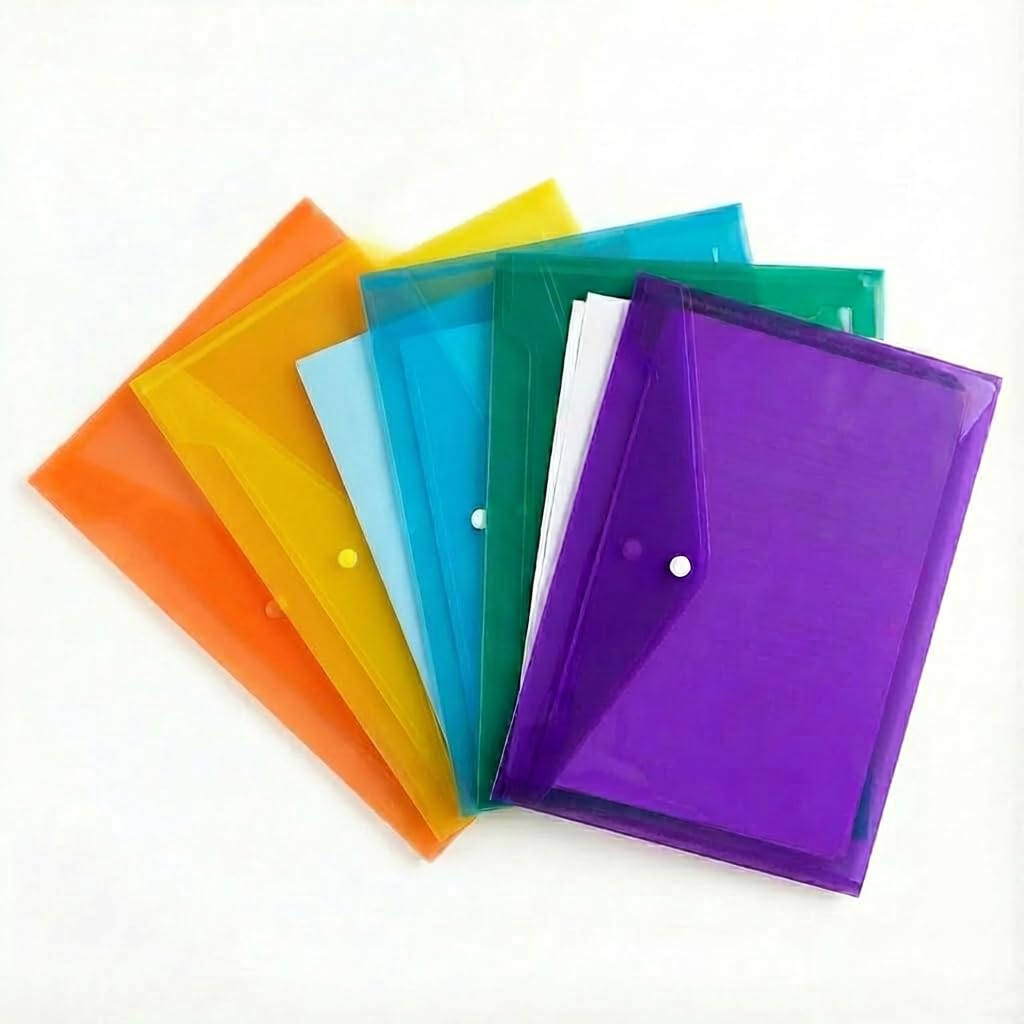 Stuff 4 Office A4 Clear Plastic Document Wallets with Label Pocket | Durable Waterproof Folder for Papers, Reports, School & Office Filing | Assorted Colours for Organisation | Packs of 15, 25, 50
