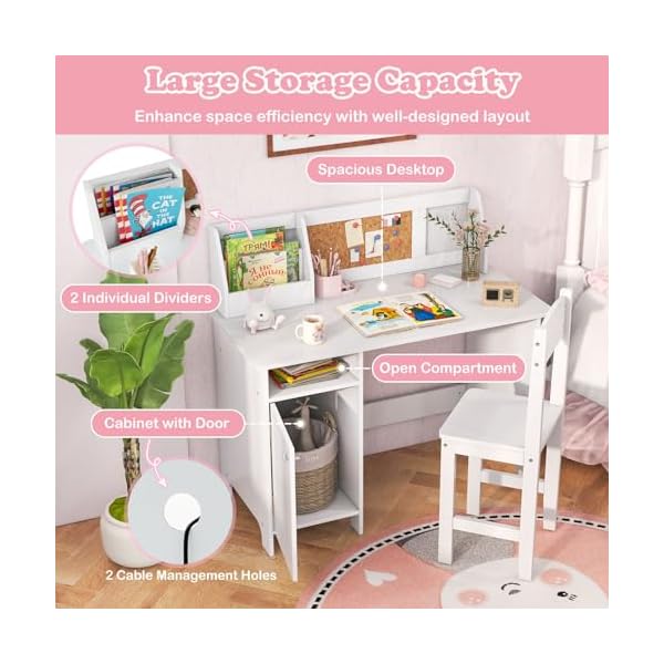 Honey joy kids desk and chair set wooden children school study table and chair wwhiteboard hutch storage shelves student writing desk computer workstation for bedroom 3 years old white  urban country home decor