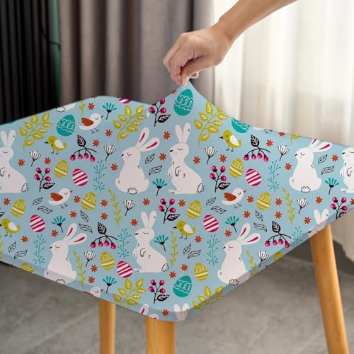 Sofits Easter Light Blue Square Tablecloth 48x48 Inch Stretchy Fabric Fitted Spring Table Cloth for Folding Card Table Cover Wrinkle Free Washable Non Slip Rabbit and Eggs by Sofits - Used condition - Image 3