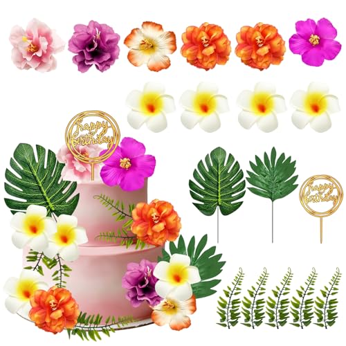 Decoraciones para Tarta Hawaiana,18 piezas decoración de tartas hawaianas,Decoraciones de pastel hawaiano tropical cake,para Tropical Hawaiian Luau Verano Playa Boda Cumpleaños Fiestas(A)